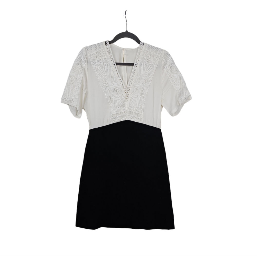 Maje Ravelle Lace-Inset Ceep V Neck Colorblock Mini Dress Ptp 17" Sz 3 UK / L US - Picture 10 of 16